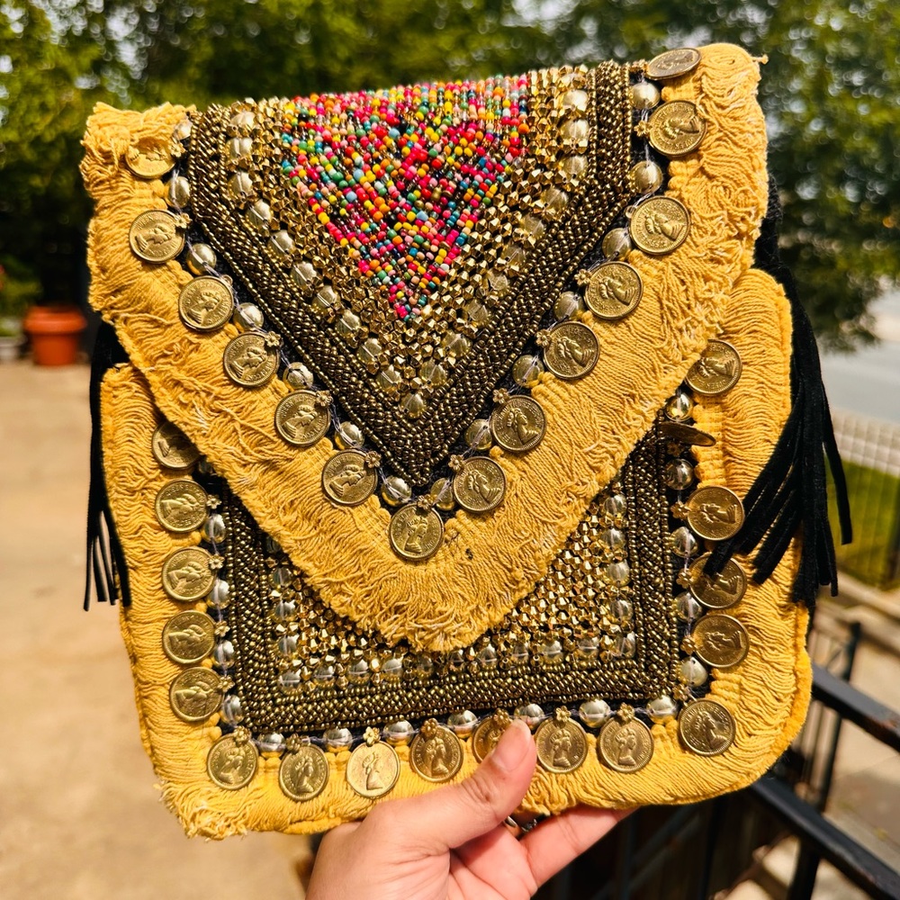 Bohemian Envelope Wristlets Banjara Clutch Gold Color With tassels